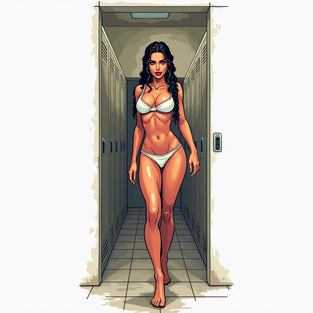 (masterpiece, best quality)), ((((perfect anatomy)))), Brazilian woman with tied back black braids, dark eye-shadow, dark red lipstick, dark brown eyes, white bra , (((white high cut cotton panties))), smiling, big hips, walking around in a locker-room, ((pixel art, pixel, comic book art style))
