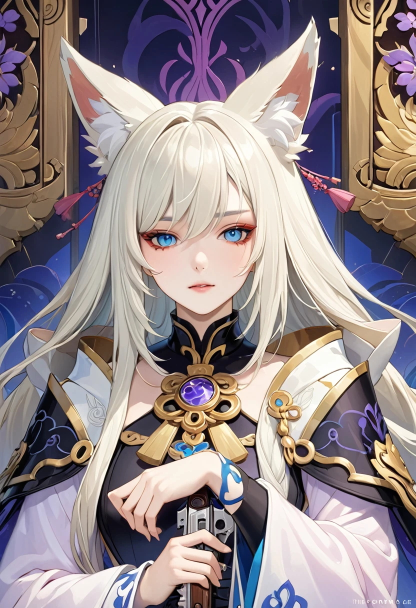 (masterpiece, best quality, highly detailed), ((fox ears)), Close-up of a person holding a gun in a room, Onmyoji portrait, onmyoji, The Detailed Art of the Onmyoji, White-haired God, Portrait of a girl in the Knights of the Zodiac, Genshin Impact Mid-Range, long, Detailed Key Anime Art, 