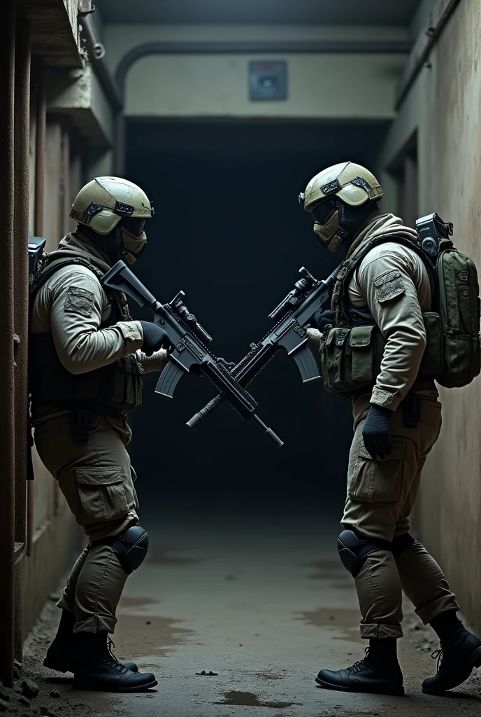 A commando soldier handing over a rifle into the hands of another commando soldier. 