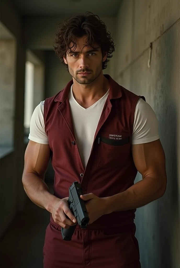 You can generate an image of a man dressed in a dark red jumpsuit but the top part is removed to the hip and he is wearing a white t-shirt showing his muscles., She has medium-long brown hair with curls, He is facing forward with his gaze fixed straight ahead holding a gun, a gun to be exact. Realistic style, type as another member of the successful Spanish series "The paper house Berlin"