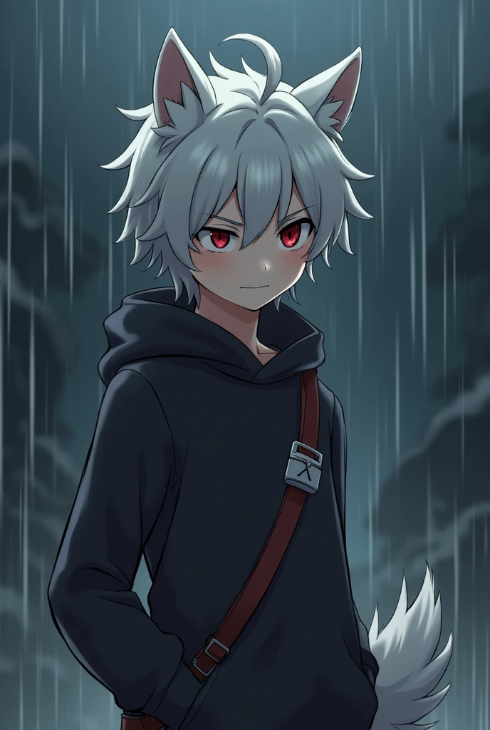 Furry young man, high-quality animation, author of Kirito, mammal, gray fur on a pony's eye, wearing clothes, short, thin body, black nose, rain atmosphere, black sky, young furry young man, beautiful origin, red cheek developing below wolf ears, thin detailed body.