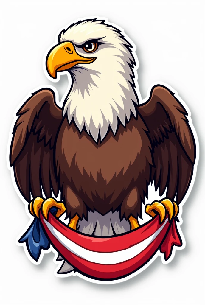 vector cartoon sticker of a bald eagle with its feet in a claw position holding a banner