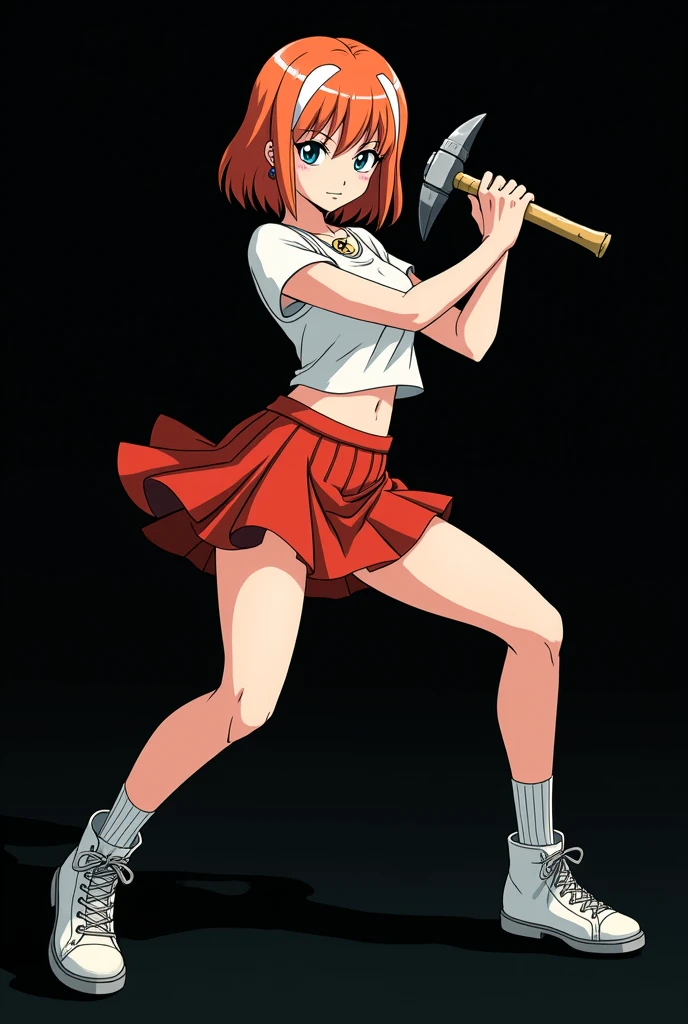 A full body image of an 1 girl named Hana Watanabe, personagem do anime "dragonball z", she is very beautiful, with medium length straight fire-colored hair with two white highlights in the front, framing your face. She has blue-green eyes and pale skin.. she is a Wiccan, she is in fighting pose. she wears a pentagram necklace, croped, glued skirt, beautiful women's high-top shoes and ¾-long socks, she holds a common nail hammer and nails. It is drawn with Akira Toryama's animation. black backdrop.