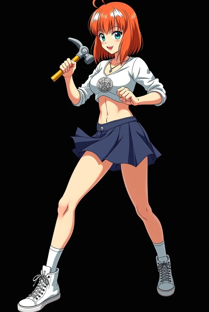 A full body image of an 1 girl named Hana Watanabe, personagem do anime "dragonball z", she is very beautiful, with medium length straight fire-colored hair with two white highlights in the front, framing your face. She has blue-green eyes and pale skin.. she is a Wiccan, she is in fighting pose. she wears a pentagram necklace, croped, glued skirt, beautiful women&#39;s high-top shoes and ¾-long socks, she holds a common nail hammer and nails. It is drawn with Akira Toryama&#39;s animation. black backdrop.