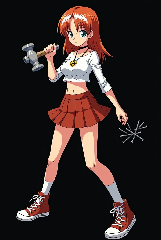 A full body image of an 1 girl named Hana Watanabe, personagem do anime "dragonball z", she is very beautiful, with medium length straight fire-colored hair with two white highlights in the front, framing your face. She has blue-green eyes and pale skin.. she is a Wiccan, she is in fighting pose. she wears a pentagram necklace, croped, glued skirt, beautiful women's high-top shoes and ¾-long socks, she holds a common nail hammer and nails. It is drawn with Akira Toryama's animation. black backdrop.