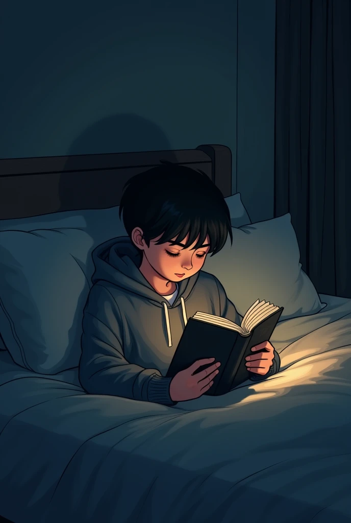 Something related to solitary reading. A cartoon art of a boy wearing a sweatshirt reading the book close to his face and the scene he is in the dark and just a little light lonely ager.
Hiding the book in the face
