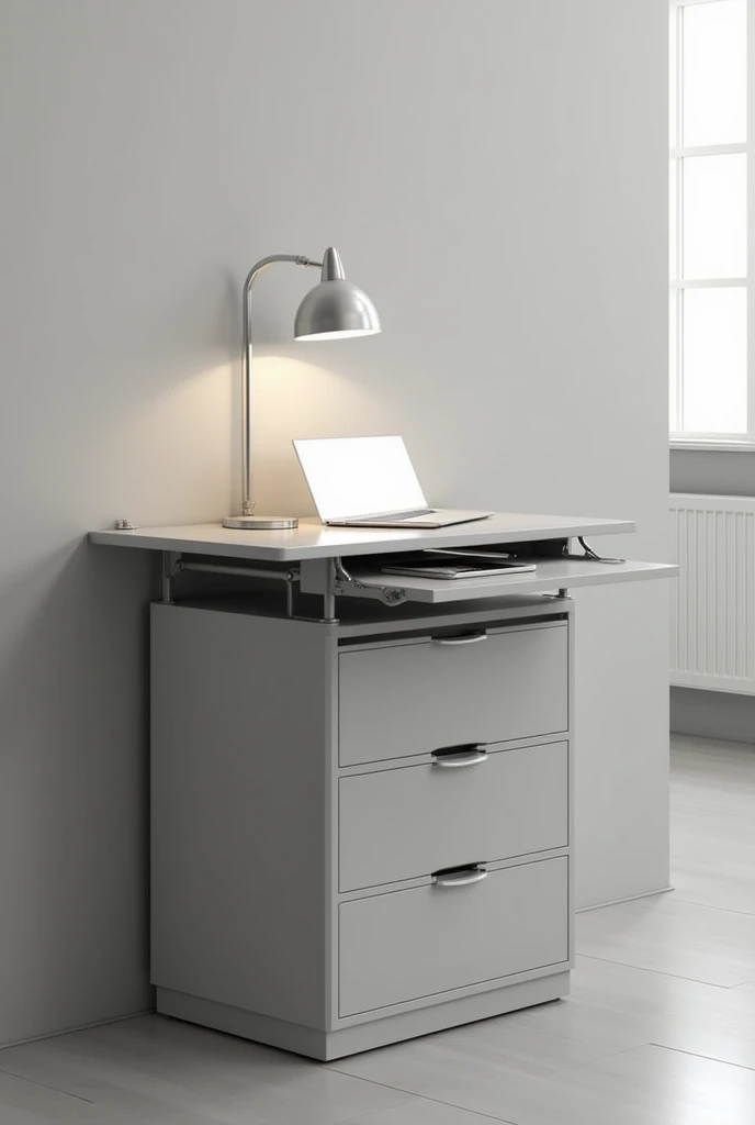 folding desk, stuck to the wall, gray color and that it is minimalist.
3 drawers at the bottom, one for a laptop and the other two for organizing materials