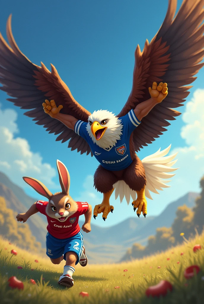 Create an image where there is an eagle wearing the soccer team uniform "eagles of America" Add the team crest to the chest, Hunting a bunny in the uniform of the Cruz Azul team from Mexico