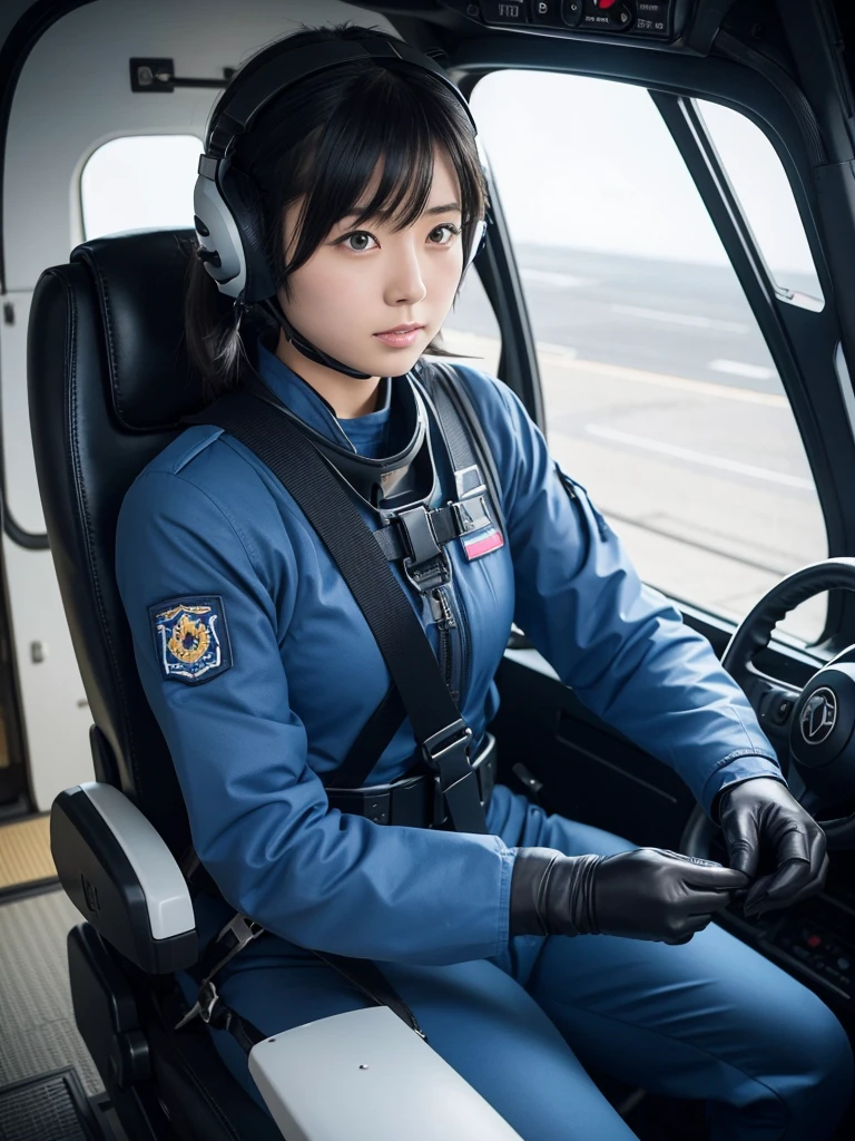 Japanese female air force pilots,Black Hair,Fighter cockpit,Secured to the seat with a thick harness,Plump,Slightly thicker,Squat,Helmet,Air Combat