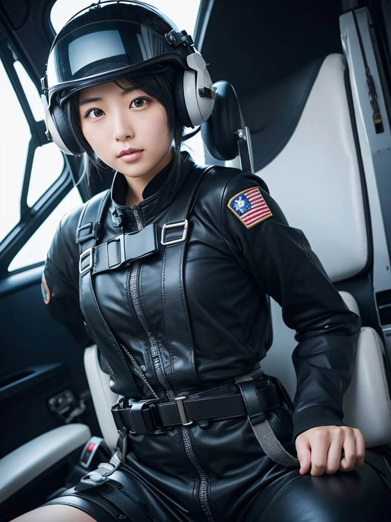 Japanese female air force pilots,Black Hair,Fighter cockpit,Secured to the seat with a thick harness,Plump,Slightly thicker,Squat,Helmet,Air Combat