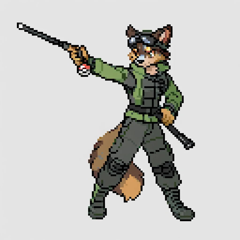 canid, canine, canis, mammal, mythological_canine, were, werecanid, werecanine, Australian_Shepherd, dog, blue_body, orange_fur, multicolored_eyes, black_nose, wearing_protective_gear, military_gear, green_jacket, black_pants, black_vest, holding_rifle, holding_pokéball, standing_straight, male, fingers, fluffy, fluffy_tail, fur, thin_anthro, full_body, solo, digital_media_(artwork), hi_res, masterpiece,