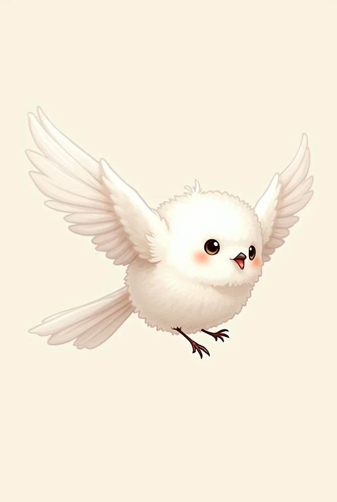 cute drawing, fluffy white longtail tit flying into the camera with open wings