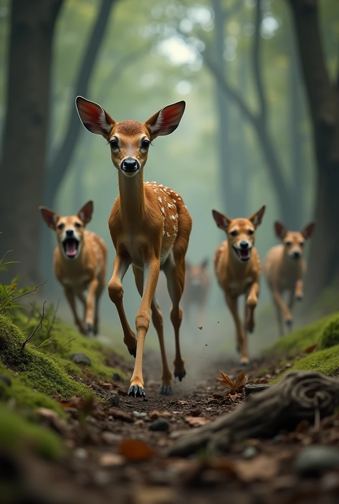 Baby deer running away from four rabid hunting dogs 