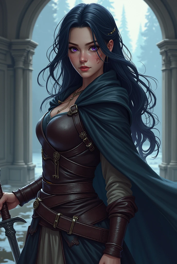 Fantasy Character, Woman, with black hair and dark purple eyes. fair skin with freckles. Cut scar on left cheek. Medieval era anime style. Swordswoman Adventurer Clothes
