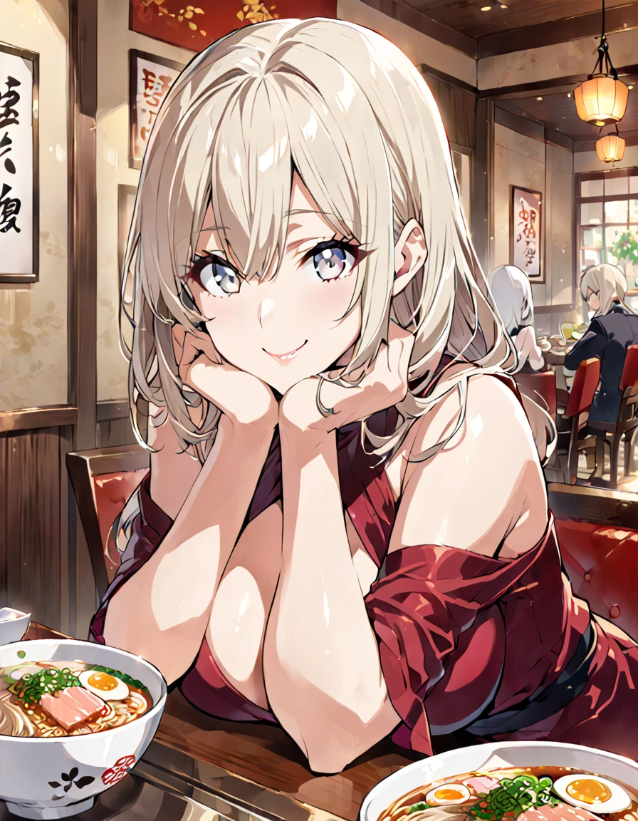 Illustration, Anime, White eyes, Platinum blonde hair, wide hips, Large breasts, head resting on hands,elegant restaurant, ramen bowl, wide smile