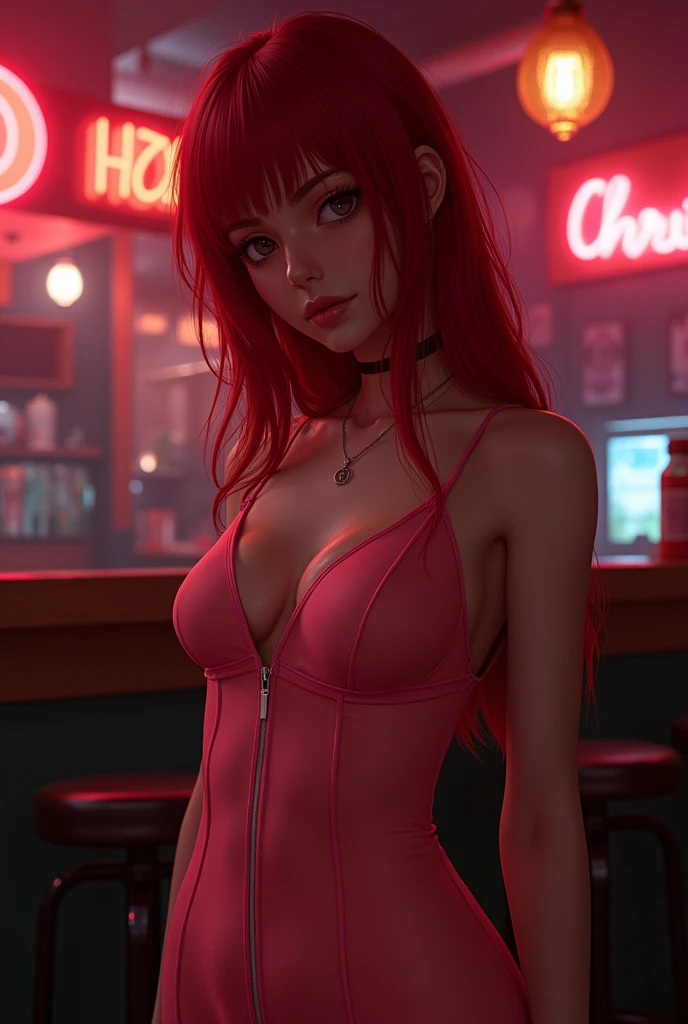 1girl, 16mm, 12mm, full frame, wide, (best quality), Mahiro Uchiha, red short hair, lovely face,(huge breasts:1.2), professional lighting, (ultra hi-res), hi-res,(Wearing a pink transperent dress), (cinematic lighting), POV, 4k, 8k, masterpiece, realistic light, artifical soft light, realistic shadow,in a nightclub, standing (sexual pose)