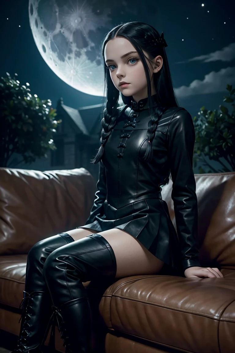 masterpiece. . detailed beautiful teen Wednesday Addams. .  detailed short tight leather costume, .   athletic. holding revolver. night. sitting on sofa. . background moon. from above camera. showing knees.
