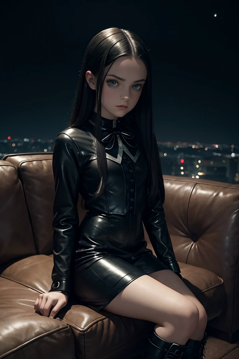 masterpiece. . detailed beautiful teen Wednesday Addams. .  detailed short tight leather costume, tactical boots.   athletic. . night. sitting on sofa. . background moon. from above camera. 