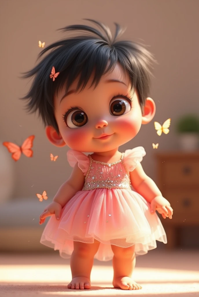 Create one year old baby image, De pele clara, dark shaped eyes, fly away, short dark hair. Wearing a pink princess dress with butterfly details. Full-body image. Pixar-style. standing. chubby 