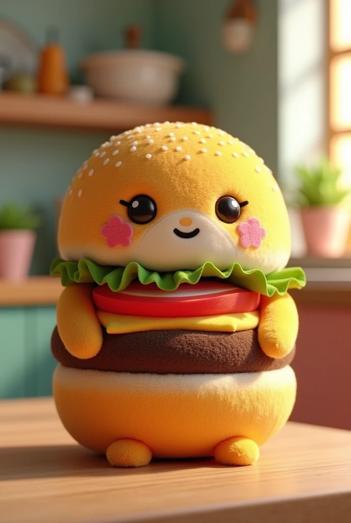Plush doll dressed as a hamburger
