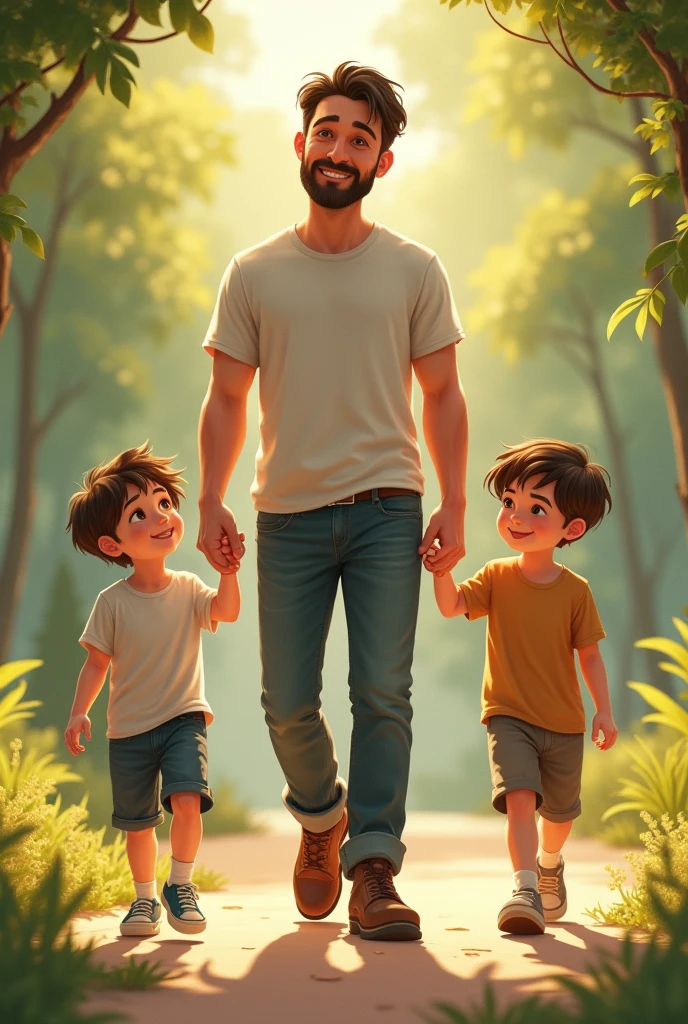 A man holding two boys by hand