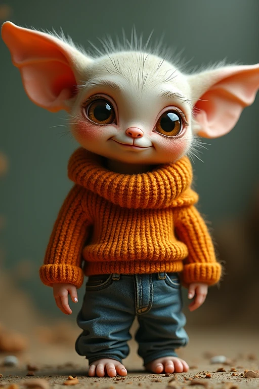 A goblin with big eyes no mouth or ears wearing an orange sweater and jeans