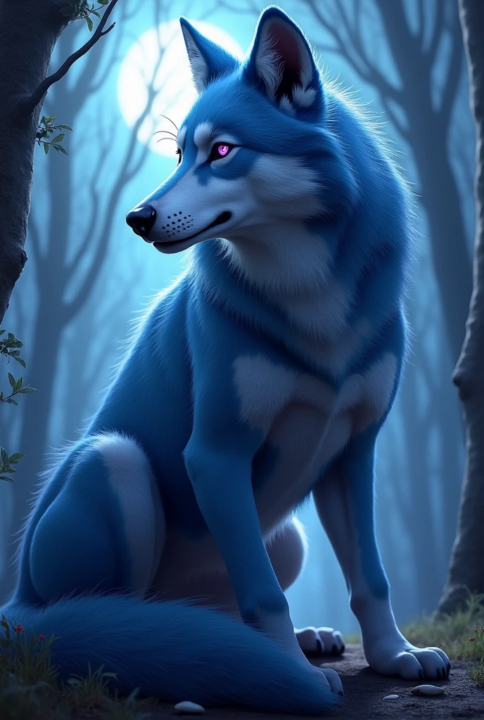 Create a furry wolf with blue fur and light purple eyes and a sexy appearance