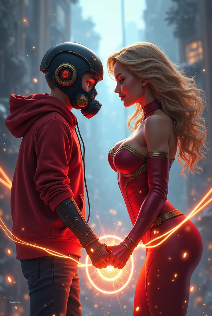 Taylor Swift, realistic, big breasts, microphone, full body & Youg boy with red hoodie, headphones, Star-lord helmet, rocket boots, gas helmet, covered mouth, round red, eyes, front cover, hugging, love, Romance, hug, ficcion, Magic world.Kid Star-lord with red hoodie, headphones, star-lord helmet, gas helmet, covered mouth, round red eyes, Red eyes, magic rings in the hands and rocket boots, Vs, Capitana marvel (Big tits), Fighting, power, fiction, full body, 2 persons, magic lasso, hight, fall