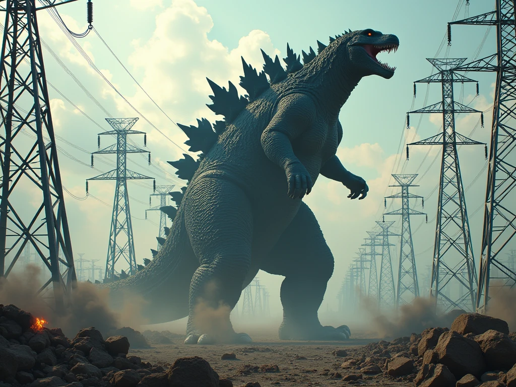 realistic photograph of giant Godzilla walking among an electrical distribution plant full of electrical towers, Godzilla walks among the towers destroying the towers, electrical lightning and electrical sparks fly off the destroyed towers.