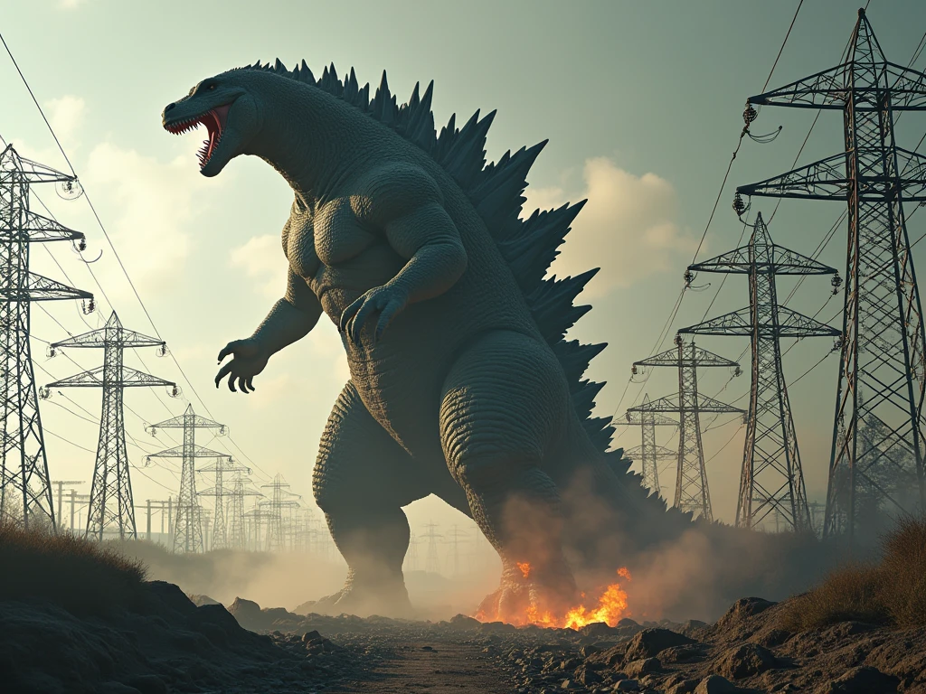 realistic photograph of giant Godzilla walking among an electrical distribution plant full of electrical towers, Godzilla walks among the towers destroying the towers, electrical lightning and electrical sparks fly off the destroyed towers.