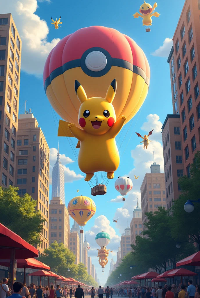 Stage background terraza de edificio durante desfile de globos gigantes por la calle una tarde soleada en new york, globos de pokemonnen estilo de video juego