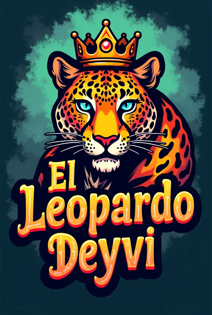 Create an artistic logo for my musical group with my name that says EL LEOPARDO DEYVI in chicha letters with capital letters with an image of a leopard and a crown 