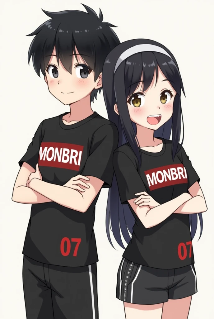 Create about two people, a boy and a girl, the boy who has black hair, Black shirt that says &#39;MONBRI&#39; in red and white capital letters and the number 07, black pantaloon, And the girl who is black hair,Black blouse that says &#39;MONBRI&#39; in white and red letters and in capital letters and with the number 07,BLACK PANTS and that they are animated like cutes and standing back to back with their arms crossed like friends 
