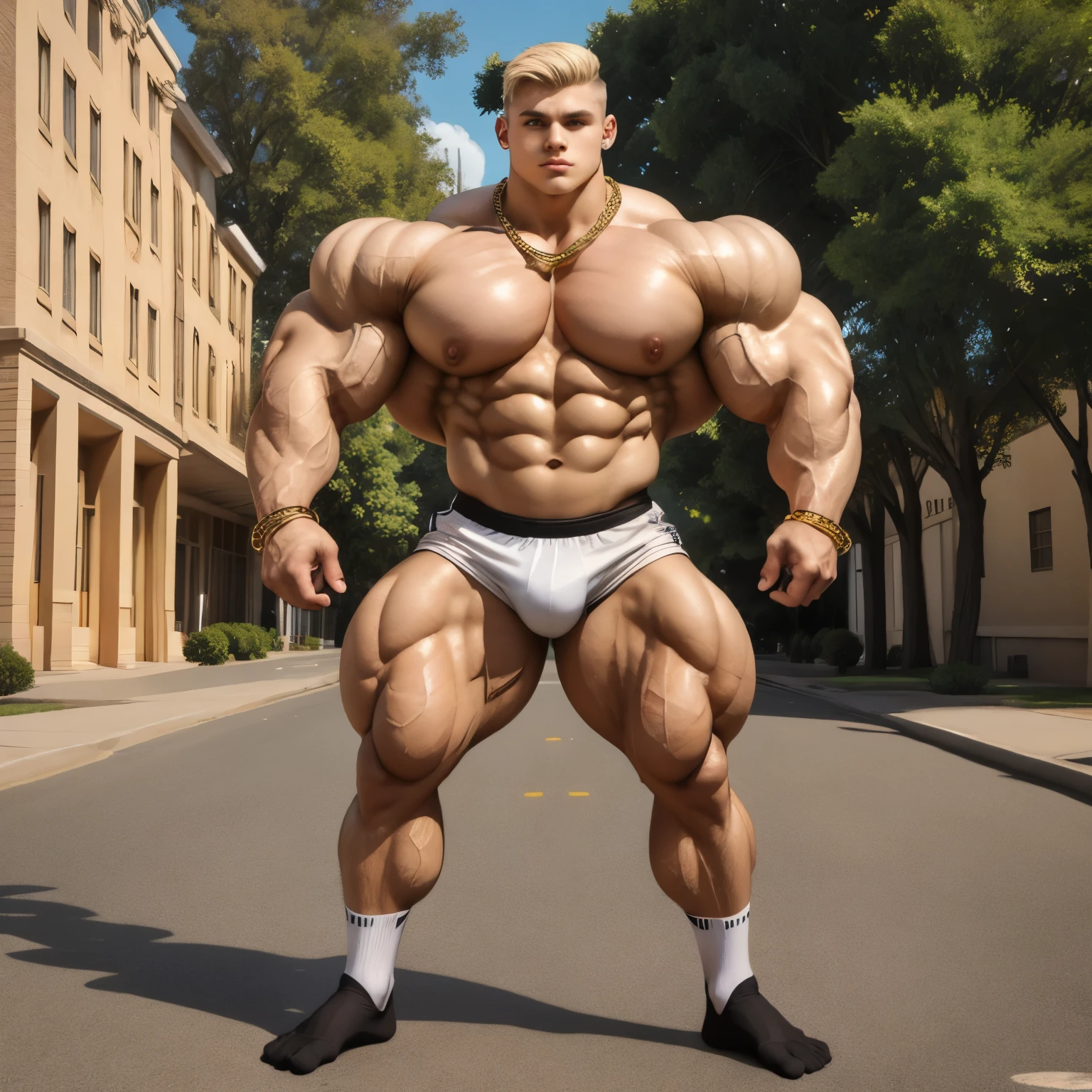 full body view, one  cute white blonde undercut boy model wearing black socks and lycra sport shorts, no shoes, looking like a freaky roidstuffed over-bloated bodybuilder, proudly posing outside, front american college, black socks must be seen . Has pierced huge nipples, golden rings, necklaces, bracelets 