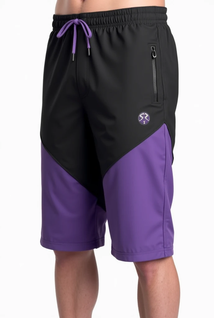 Sports Bermuda shorts in the colors Black on top Purple on the bottom smoky With short sleeves Front part Masculine Just the Bermuda shorts without anyone wearing them 