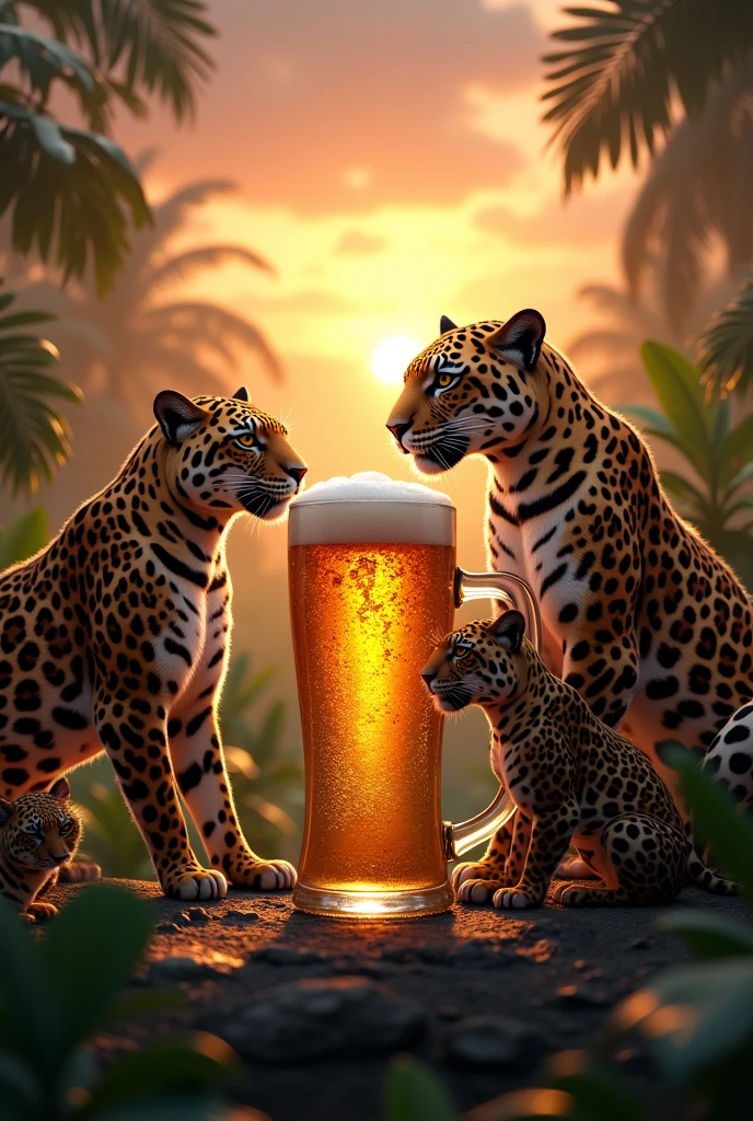 a majestic jaguar, a group of jaguars around a glass beer mug, detailed jaguars, tropical, beer advertisement, photorealistic, 8k, ultra-detailed, masterpiece, hyperrealistic, highly detailed, cinematic lighting, dramatic colors, vibrant, award-winning, stunning, breathtaking, dramatic, powerful, muscular, alert, intense gaze, glossy coat, spotted pattern, natural environment, lush foliage, sunset, golden hour