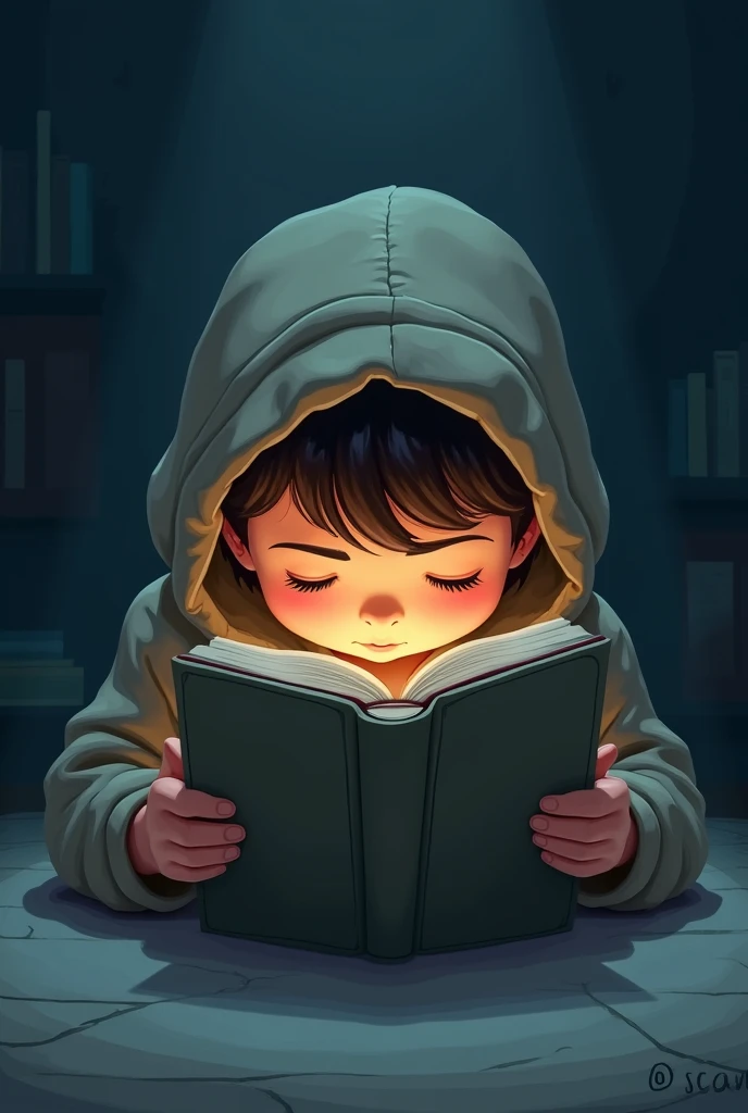 Something related to solitary reading. A cartoon art of a boy wearing a sweatshirt covering his head reading the book close to his face and the scene he is in the dark and only a small light lonely adult.
Hiding the book in the face