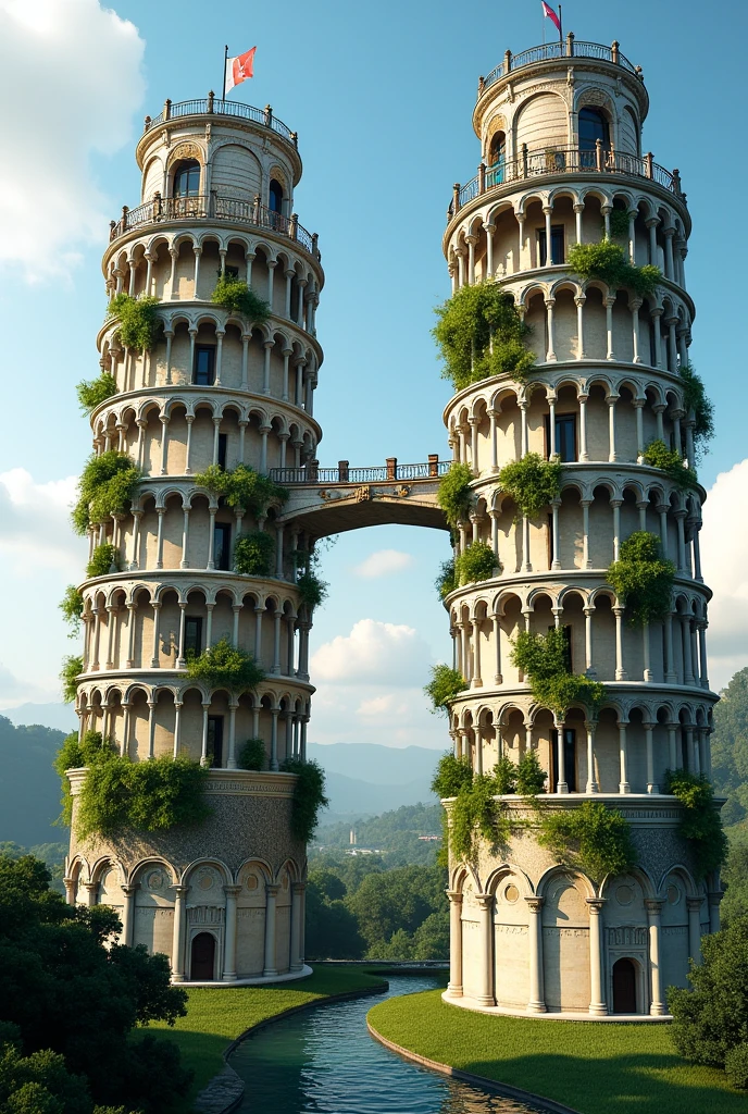 Two buildings leaning in parallel, similar to the leaning towers of Spain, on their side facades that are connected by central bridges and have green terraces
