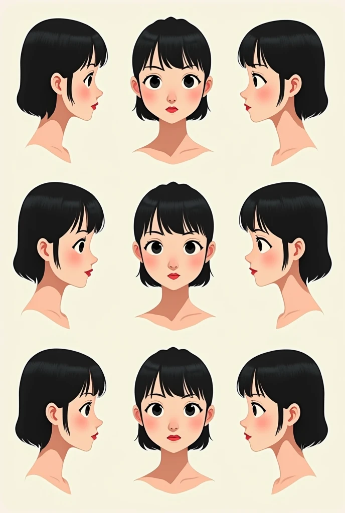 Create a sequence of animated faces from different views, of a 2d female character with a style that mixes influences from contemporary digital art and minimalist animation, The character should have a round and large face across the width like an Asian person , With dark eyes, this presents a melancholic atmosphere to the image you just created, add a view 3/4