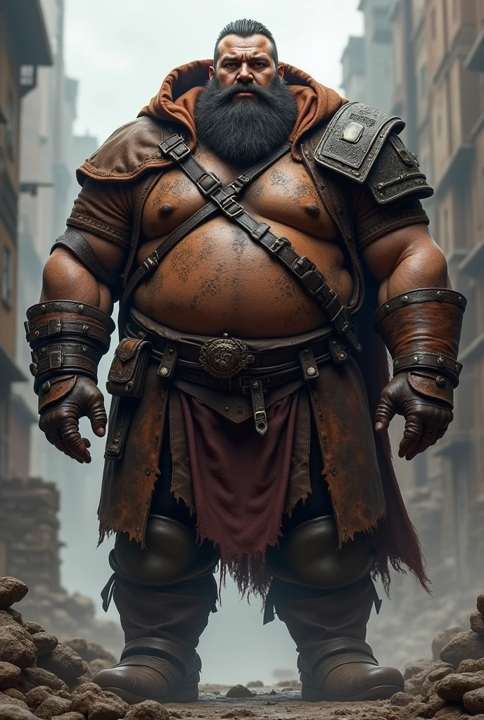 big monster man with big beard and leather armor, hoodie, hair slicked back, a bit fat