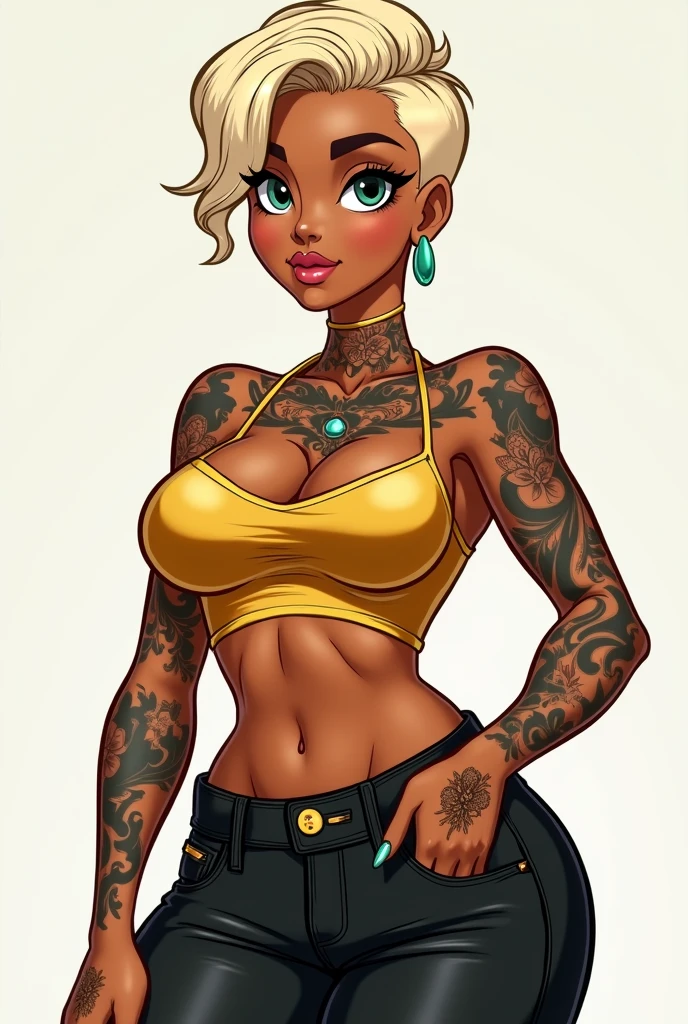 a beautiful tanned olive skin pretty face girlie cartoon woman with flat stomach wide hips curvy voluptuous body with big breast and big bum with full body
tattoos stomach, neck and arm tattoos with green blue eyes and short blonde pixie cut hair wearing a gold crop top and black highwaisted jeans
not today satan
