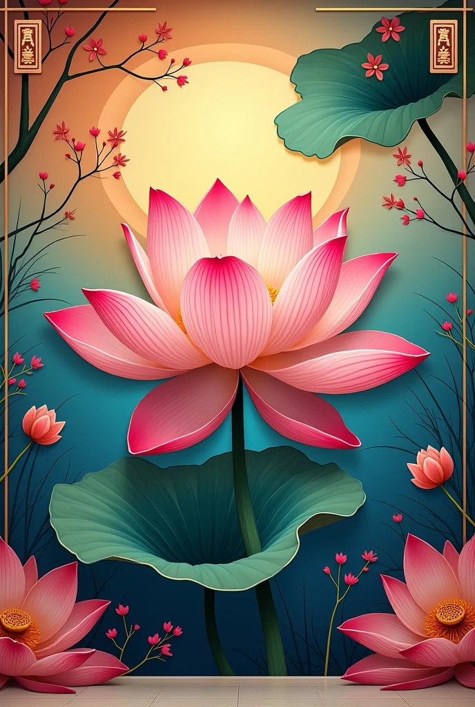 Hello, tomorrow I have to bring a progress report on my project, it&#39;s about decorating my classroom. The wall that I have is large and they want me to decorate it with only Chinese things and the theme is the lotus flower. Please make me a design of a wall with all the nice things that I mentioned before, illustrate it for me. 