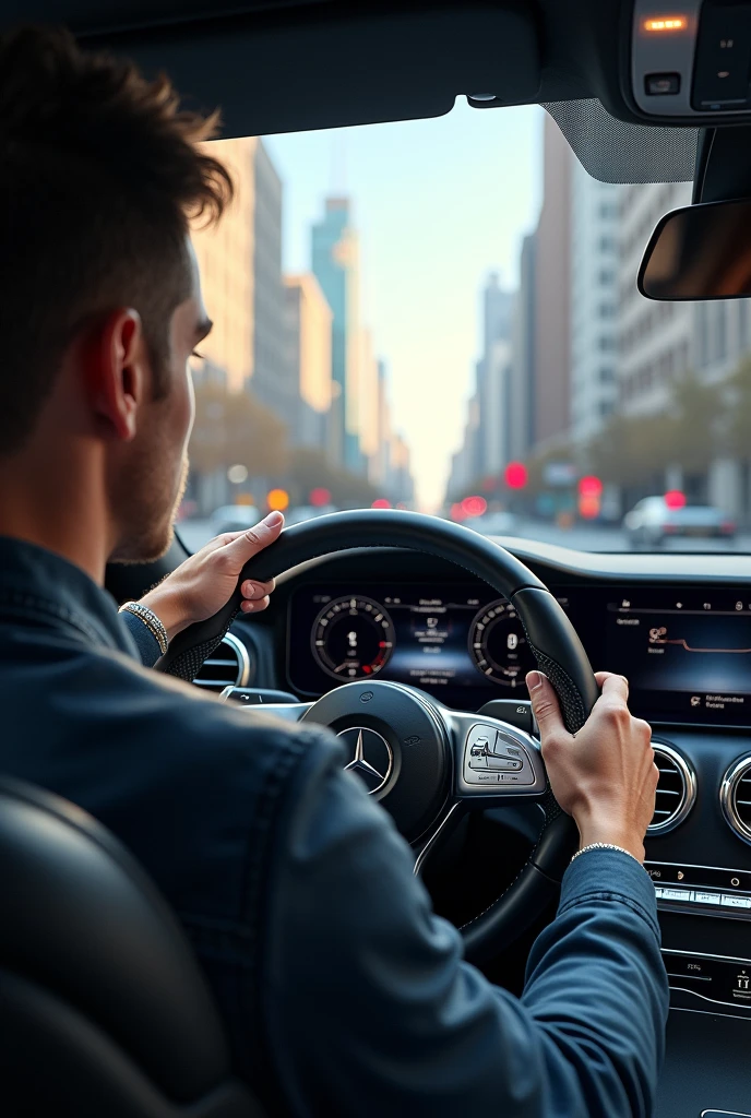 realistic photo of a young man driving a mercedes in first person view