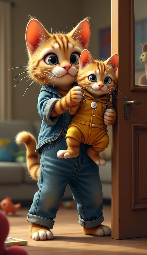 The father cat wearing jeans outfit, a tall striped feline with wide, worried eyes, holds his sick kitten wearing yellow jeans outfit in his arms. He's standing by the door, ready to rush out, while the background shows a homely living room with furniture and scattered toys.