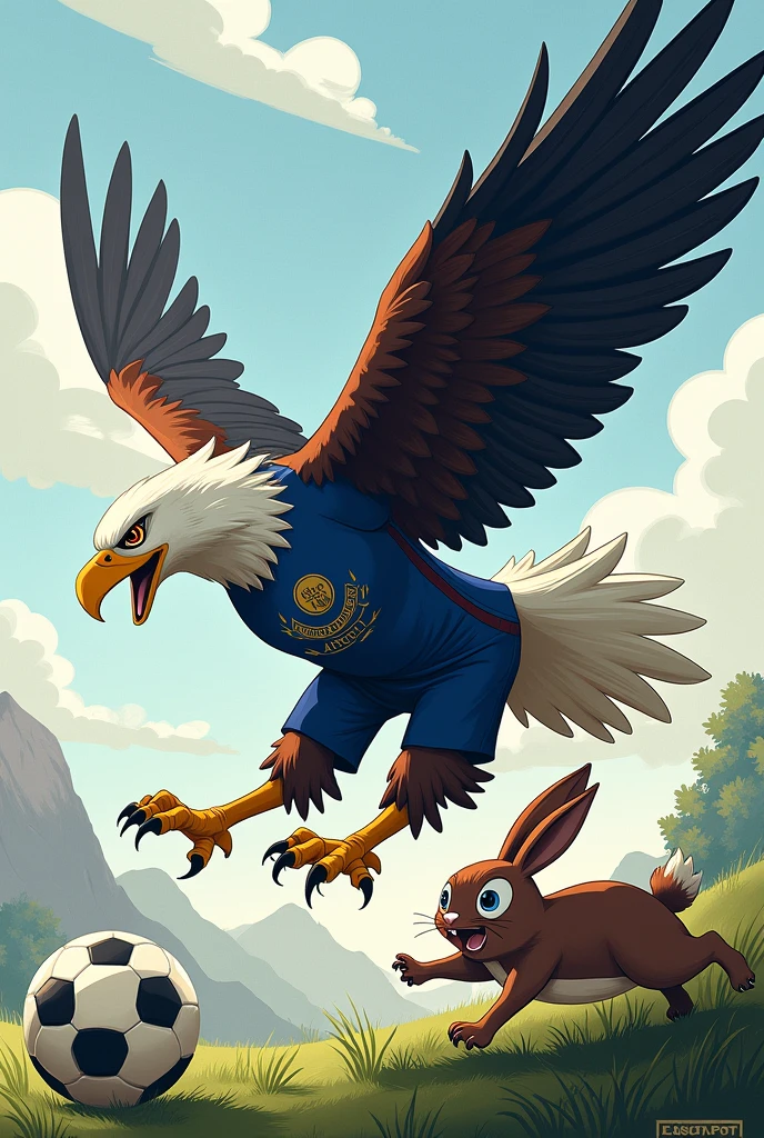 Create an image where there is an eagle wearing the soccer team uniform "eagles of America" Add the team crest to the chest, hunting a bunny who is very scared, with the blue uniform, from the Cruz Azul team of Mexico