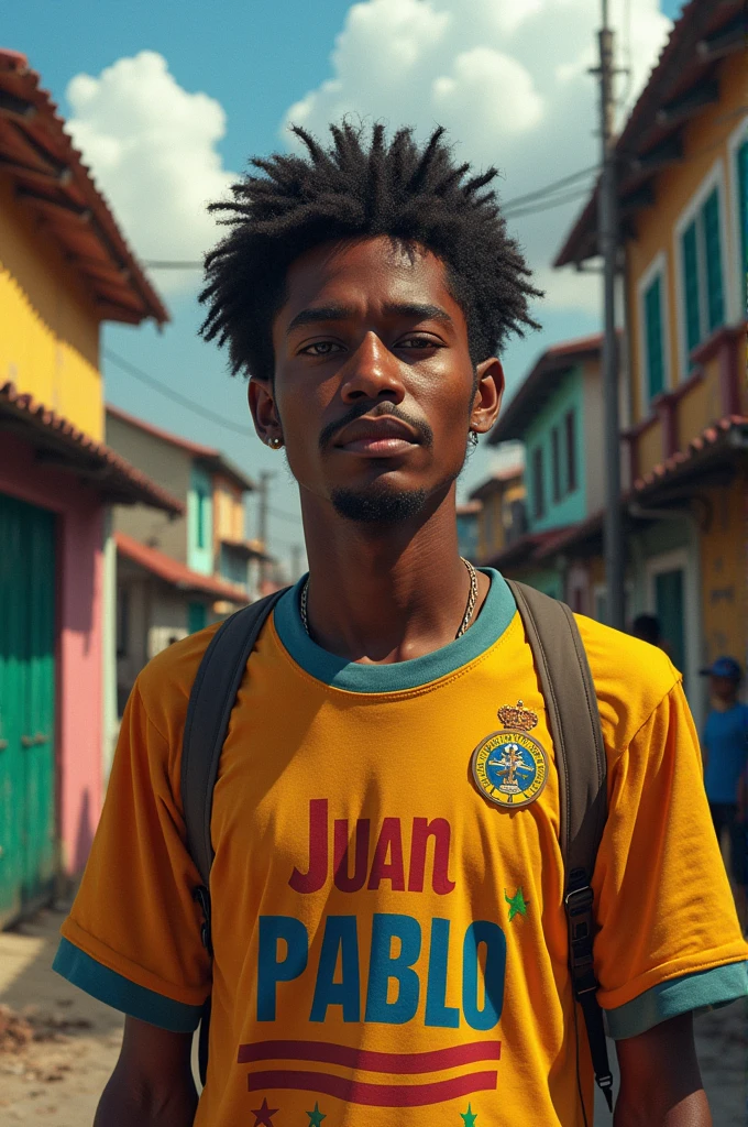 A Brazilian in a favela with a Brazilian shirt that says Juan Pablo