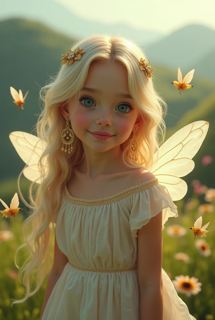 One girl, High resolution, chest, smile, Blonde, Very long hair, Landscape、Earrings, Angel's wing、Fairies all around、Highest quality,