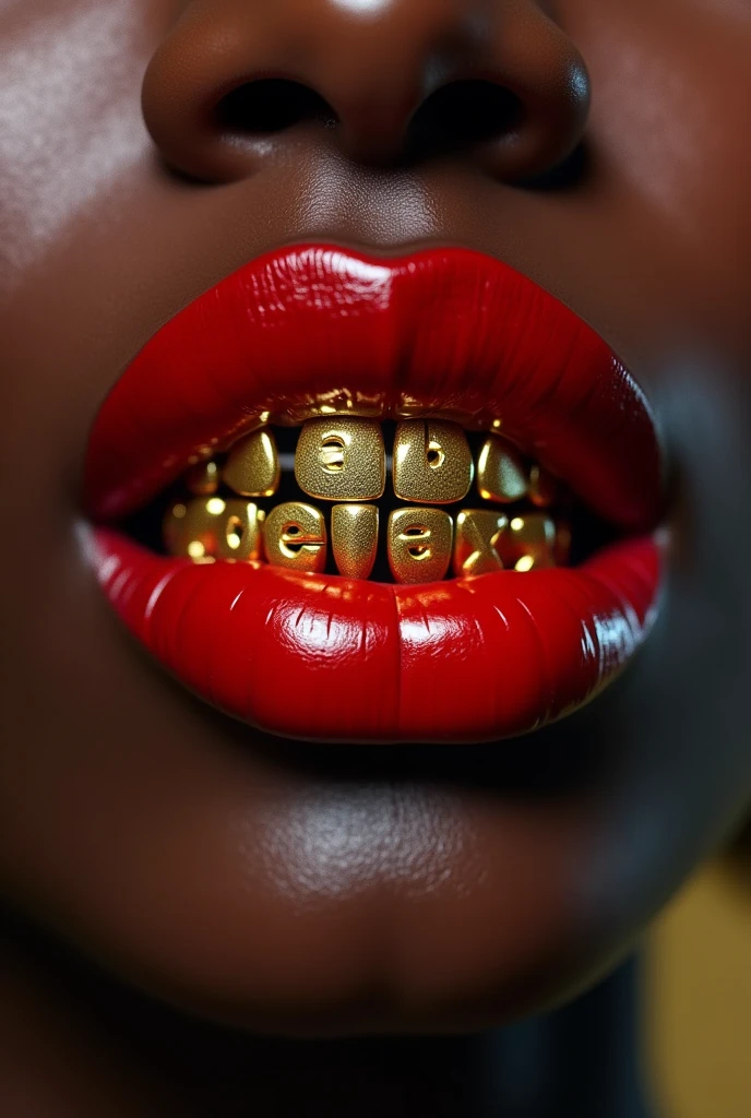 a female mouth, with lush red lipstick , dark-skinned, the upper teeth adorned with golden grillz forming the word "lab" on the bottom teeth also adorned with golden grillz forming the word " DELAXX"