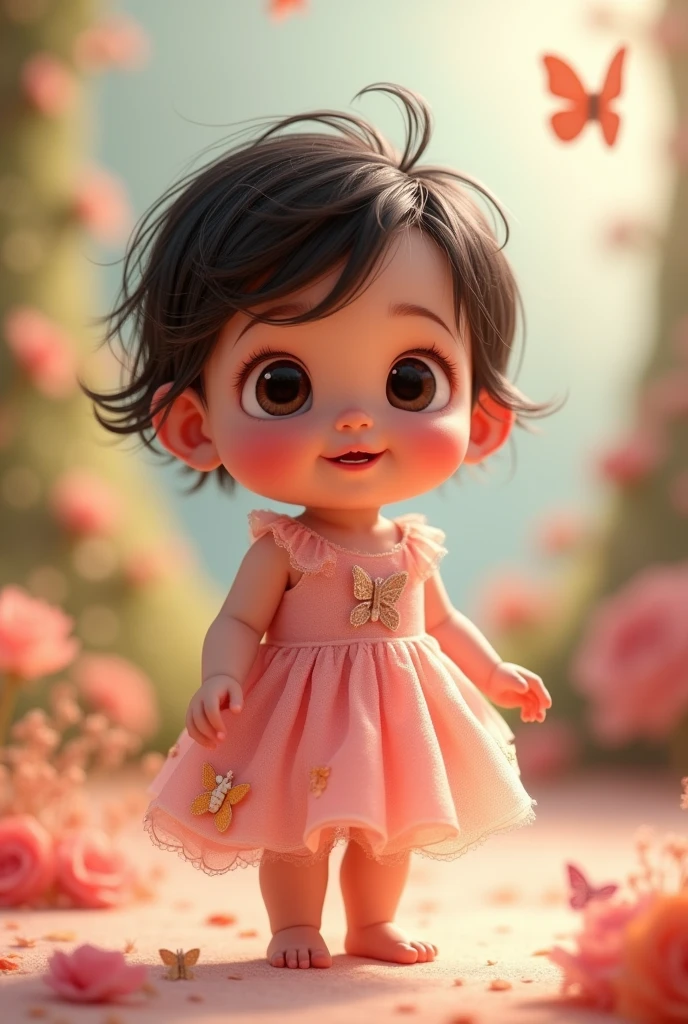 Create one year old baby image, De pele clara, dark shaped eyes, fly away, short dark hair. Wearing a pink princess dress with butterfly details. Full-body image. Pixar-style. standing. chubby