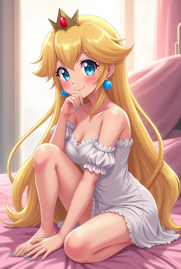 Anime Princess Peach barefoot in white satin pajamas with her nails painted silver crouching